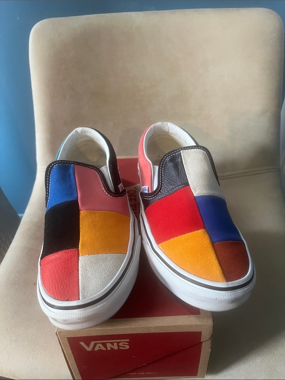 Vans Kids Patchwork Slip-On Sneakers in Red, Blue, Yellow, Black, Cream
